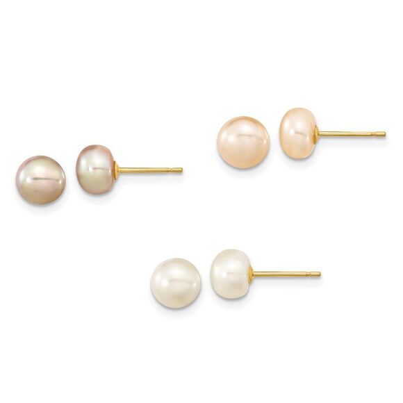 14k Yellow Gold 6mm Button Freshwater CultuPearl Boxed 3 pair Post Earrings Set